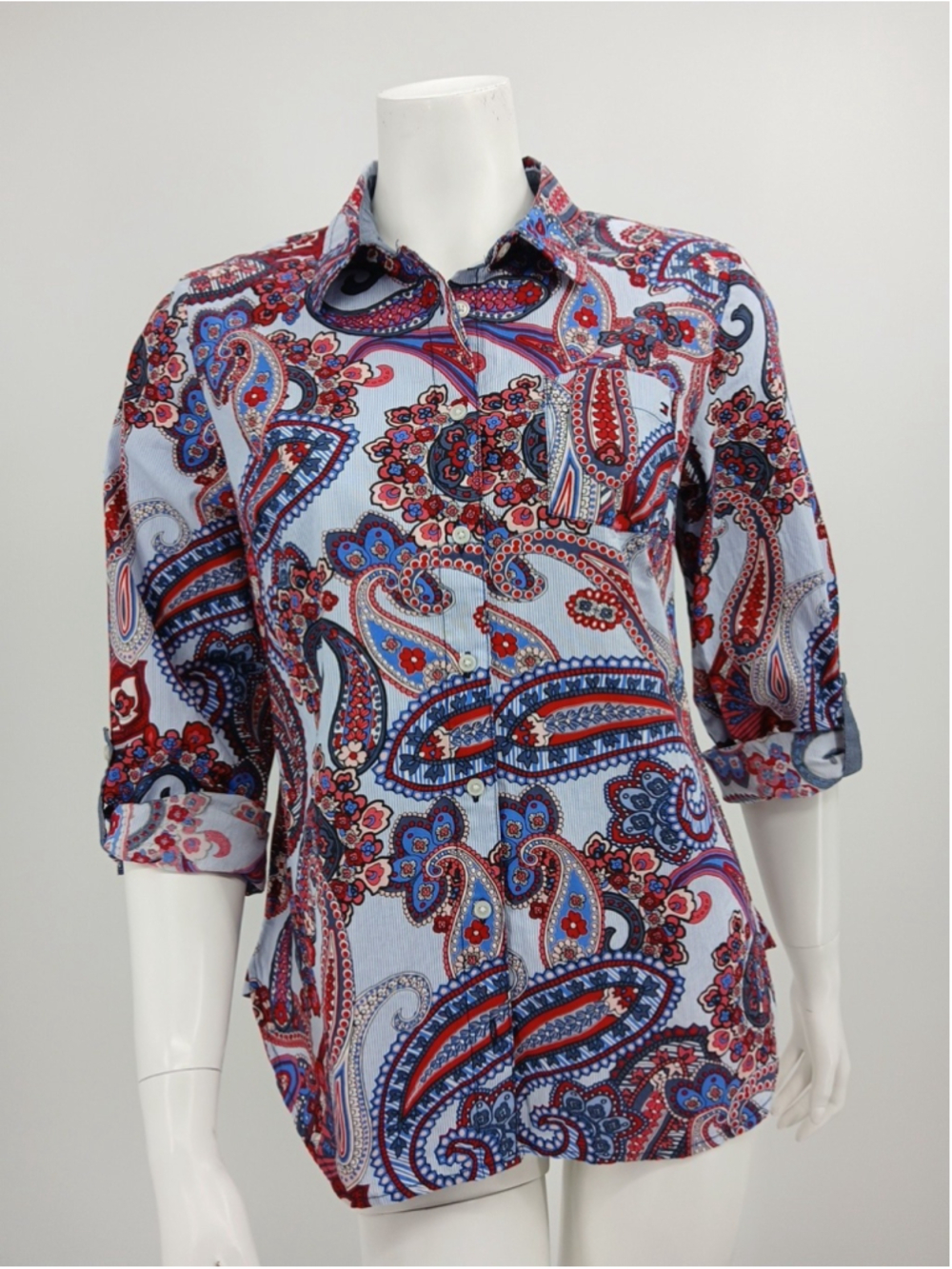 Tommy Hilfiger Shirt Womens M Blue Paisley Roll Tab Sleeve Button Casual